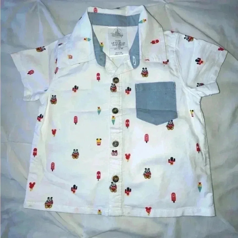 NWOT Disney Mickey Mouse Popsicle Print Button Down Baby Shirt 9-12 Months